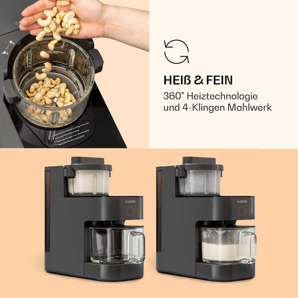 Klarstein Mixer, frullatore con motore da 300 W e potenza di riscaldamento da 1250 W, frullatore ad alte prestazioni per la preparazione di latte vegetale, frullatore per smoothie con tecnologia di riscaldamento a 360°, 30.000 giri/min, touchscreen, nero