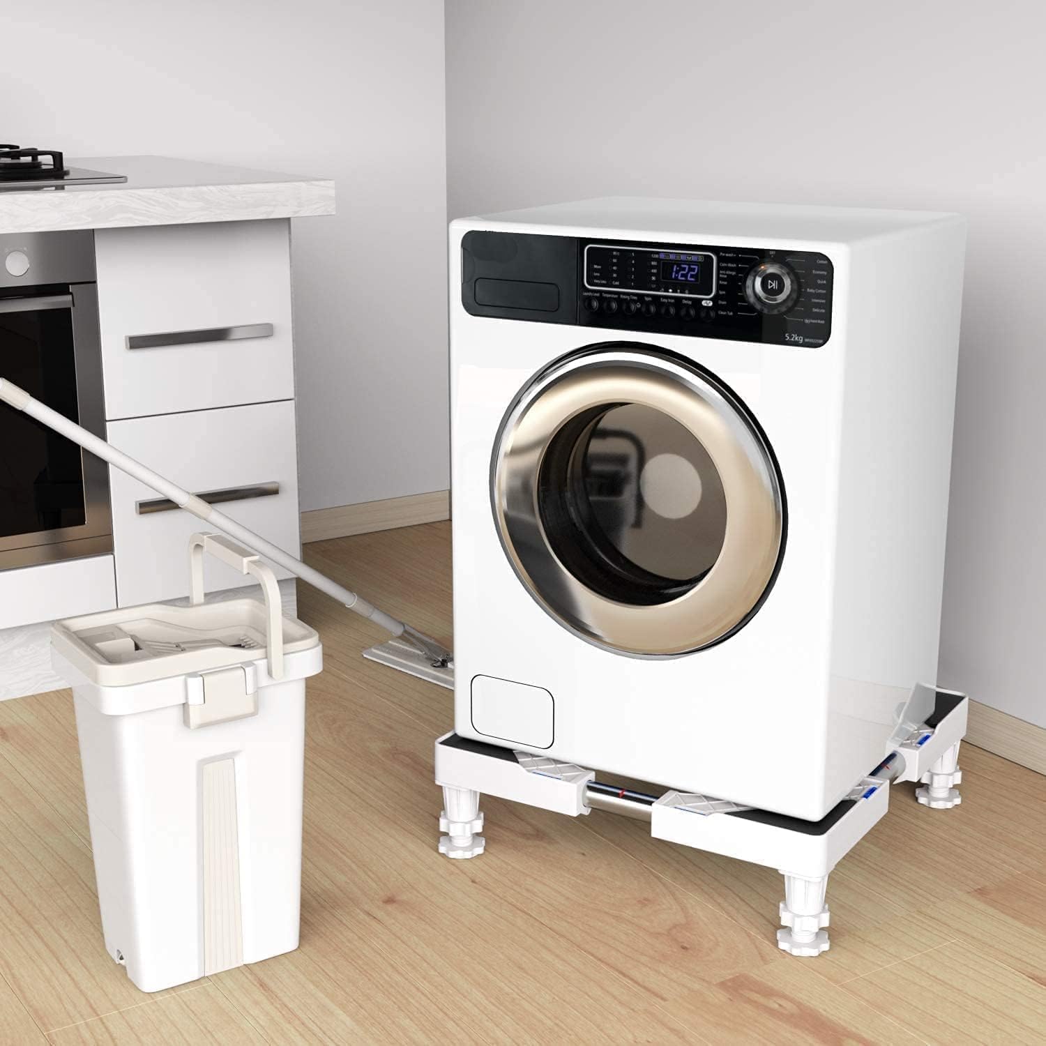 DEWEL Base Regolabile per Lavatrice, Carico Massimo 300KG, Supporto Piedistallo per Asciugatrice, Frigorifero, Congelatore, Larghezza 45-65cm, Altezza 18–22cm, Bianco