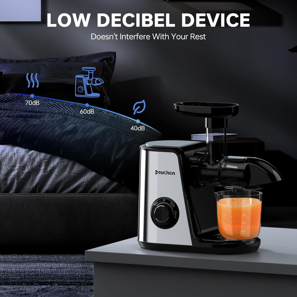 Muchen Slow Juicer Spremiagrumi Estrattore Frutta e Verdura, Vincitore del Test, Motore Silenzioso da 150W, Funzione di Retromarcia, Facile da Pulire, Design in Acciaio Inox Nero e Argento, Inclusivo di Ricettario