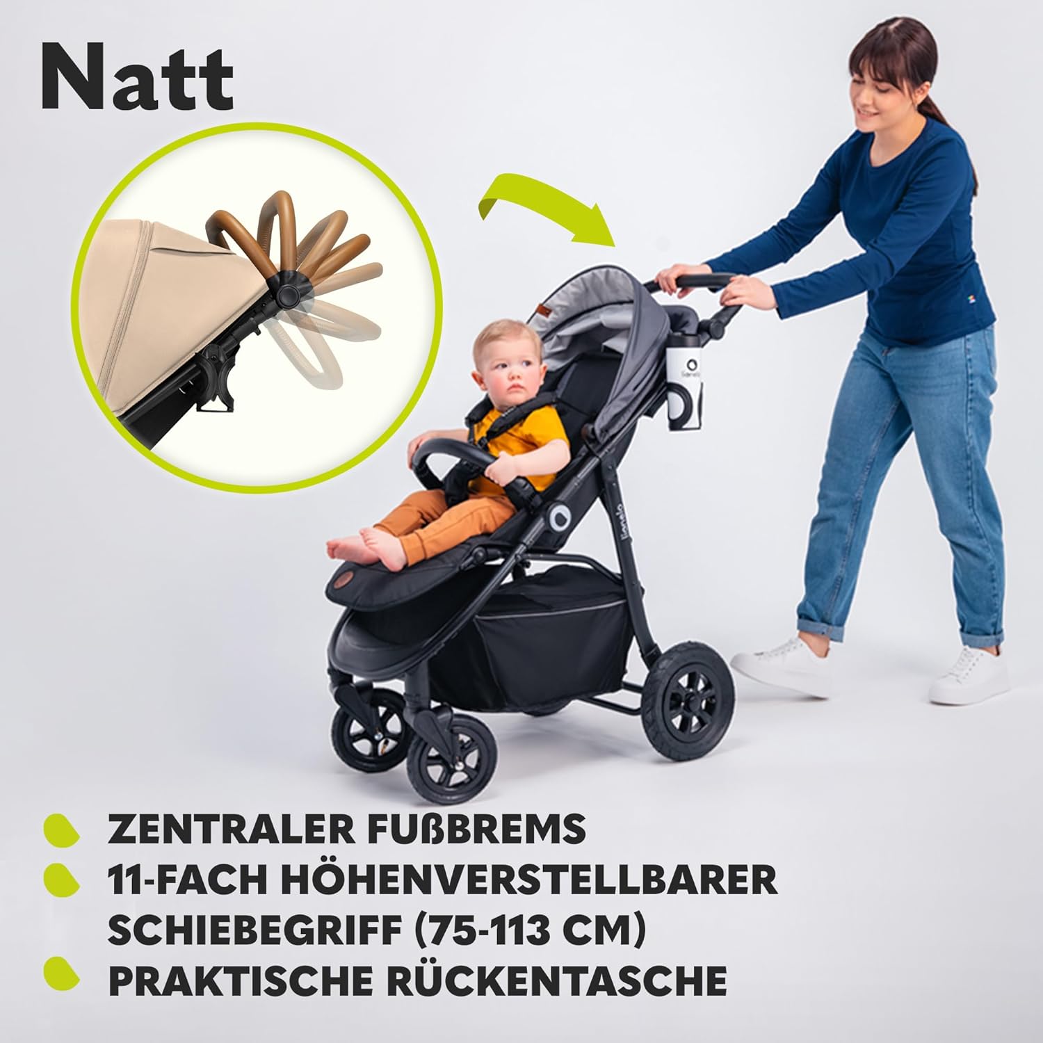 Passeggino LIONELO Natt fino a 22 kg, manico e schienale regolabili in posizione reclinata, cintura a 5 punti, grandi ruote fuoristrada, cappottina impermeabile XXL, 0-4 anni