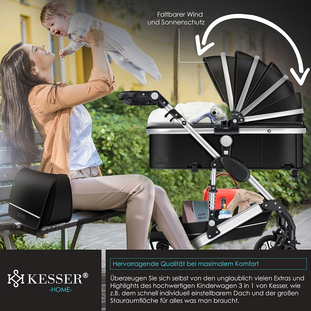 KESSER® Loops Passeggino Trio 3 in 1, Set Completo con Navicella, Seduta Passeggino e Seggiolino Auto Ovetto, Ruote in Gomma Piena, Borsa Fasciatoio, Parapioggia, Tavolino, ECE R129, Nero/Champagne