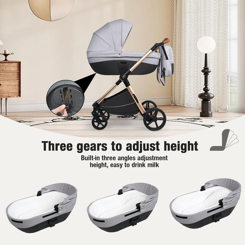 Sianldcone Passeggino 3 in 1, Set Passeggino con Tessuti di Alta Qualità, Sistemi di Viaggio con Spinta Reversibile, Passeggino Combinato a Vista Aperta Set Completo 3 in 1 (V9 Cachi)