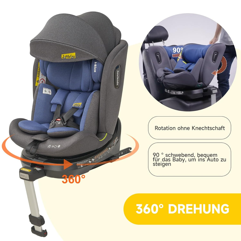 Jovikids 360° Drehbar Kindersitz mit ISOFIX, i-Size 40-150cm(ab Geburt -12 Jahre) Baby Autositz Reboarder mit Liegefunktion & Abnehmbar Vordach, ECE R129 (blau)