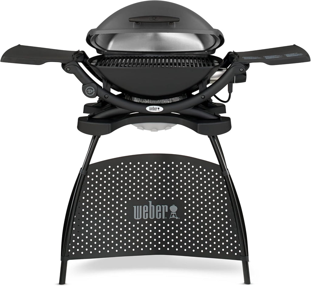 Weber Q2400 Barbecue elettrico con supporto + tavolini laterali, superficie di cottura 54 x 39 cm, portatile, griglia di cottura in ghisa smaltata in due pezzi, coperchio e braciere in ghisa d'alluminio - Grigio scuro (55020879)