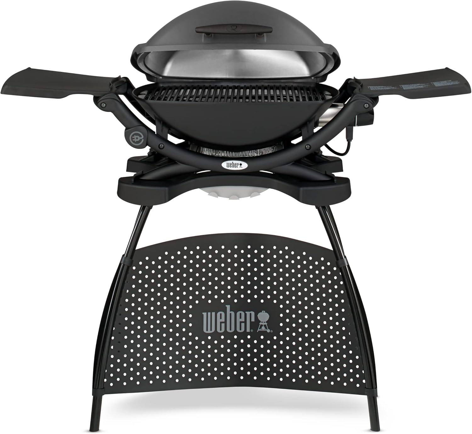 Weber Q2400 Barbecue elettrico con supporto + tavolini laterali, superficie di cottura 54 x 39 cm, portatile, griglia di cottura in ghisa smaltata in due pezzi, coperchio e braciere in ghisa d'alluminio - Grigio scuro (55020879)