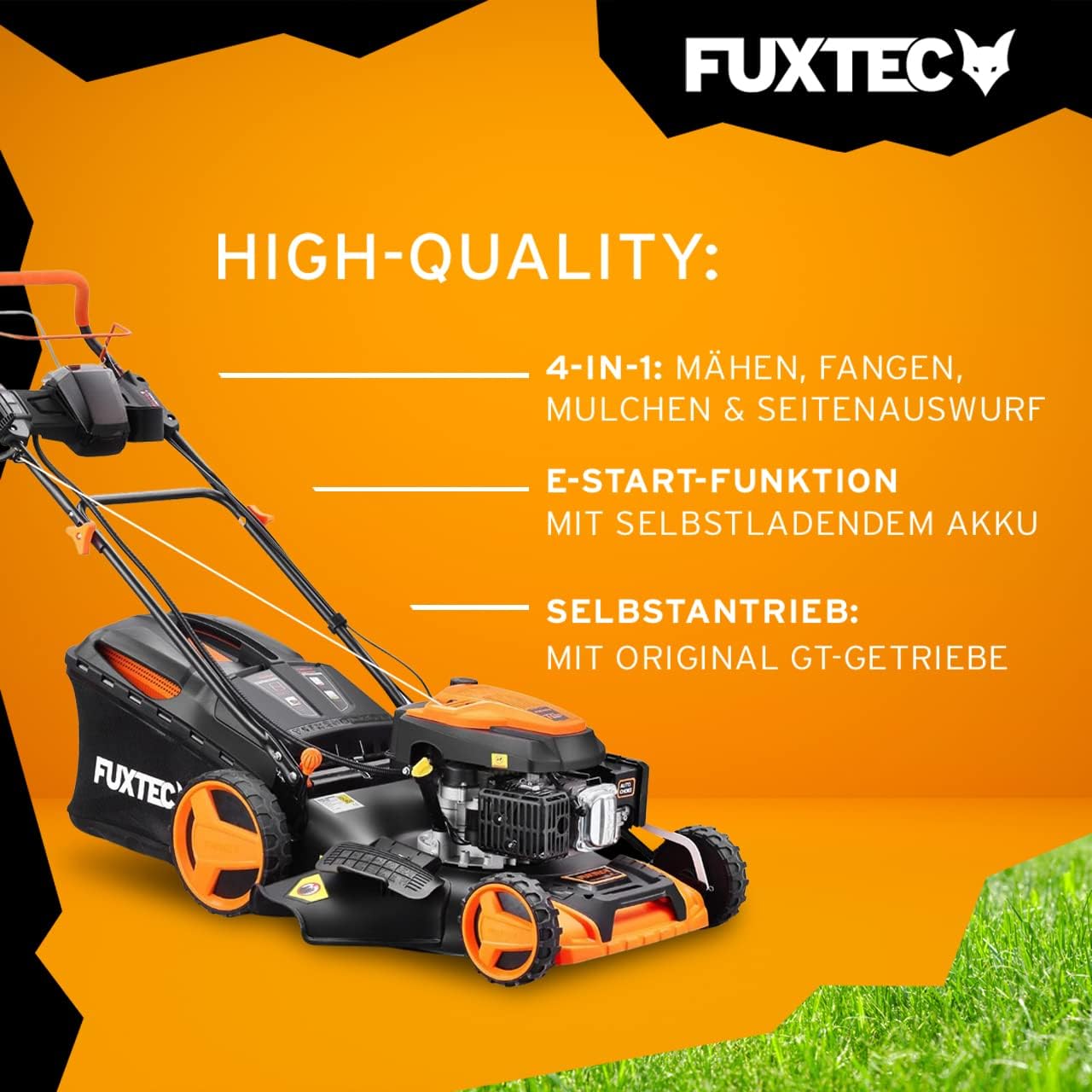 FUXTEC Tosaerba a Benzina 4in1 FX-RM5196eSPRO con Avviamento Elettrico e Trazione Regolabile, Rasaerba con Paraurti Anteriore, Larghezza di Taglio 51 cm, Ruote Big Wheel con Cuscinetti a Sfera, Cesto Raccoglierba da 60L