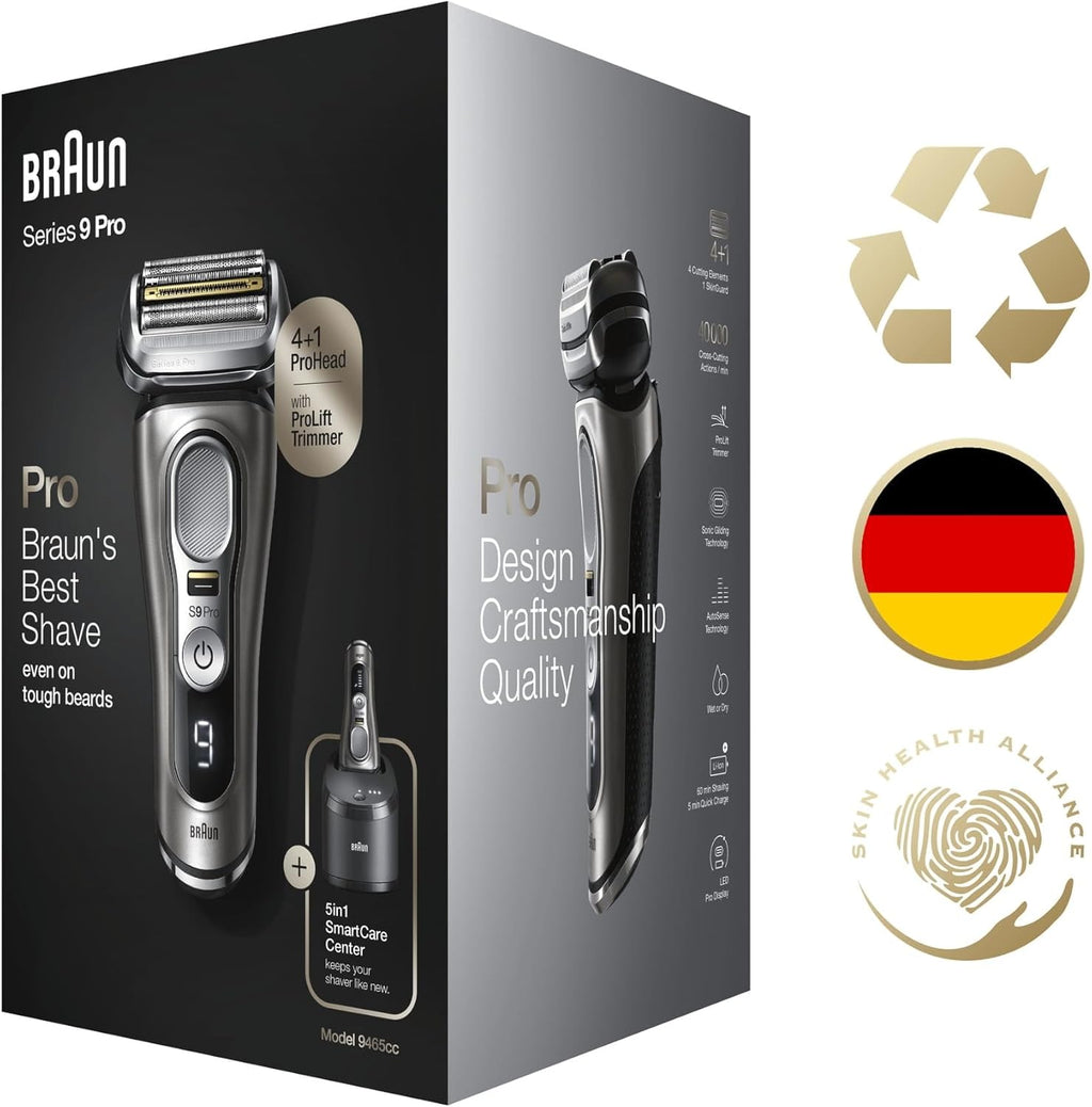 Braun Series 9 Pro Rasoio Elettrico da Uomo, Testato da Stiftung Warentest, con Testina Radente 4+1, Stazione di Ricarica, Regolabarba e 60 Minuti di Autonomia, 9465cc, Metallo Nobile