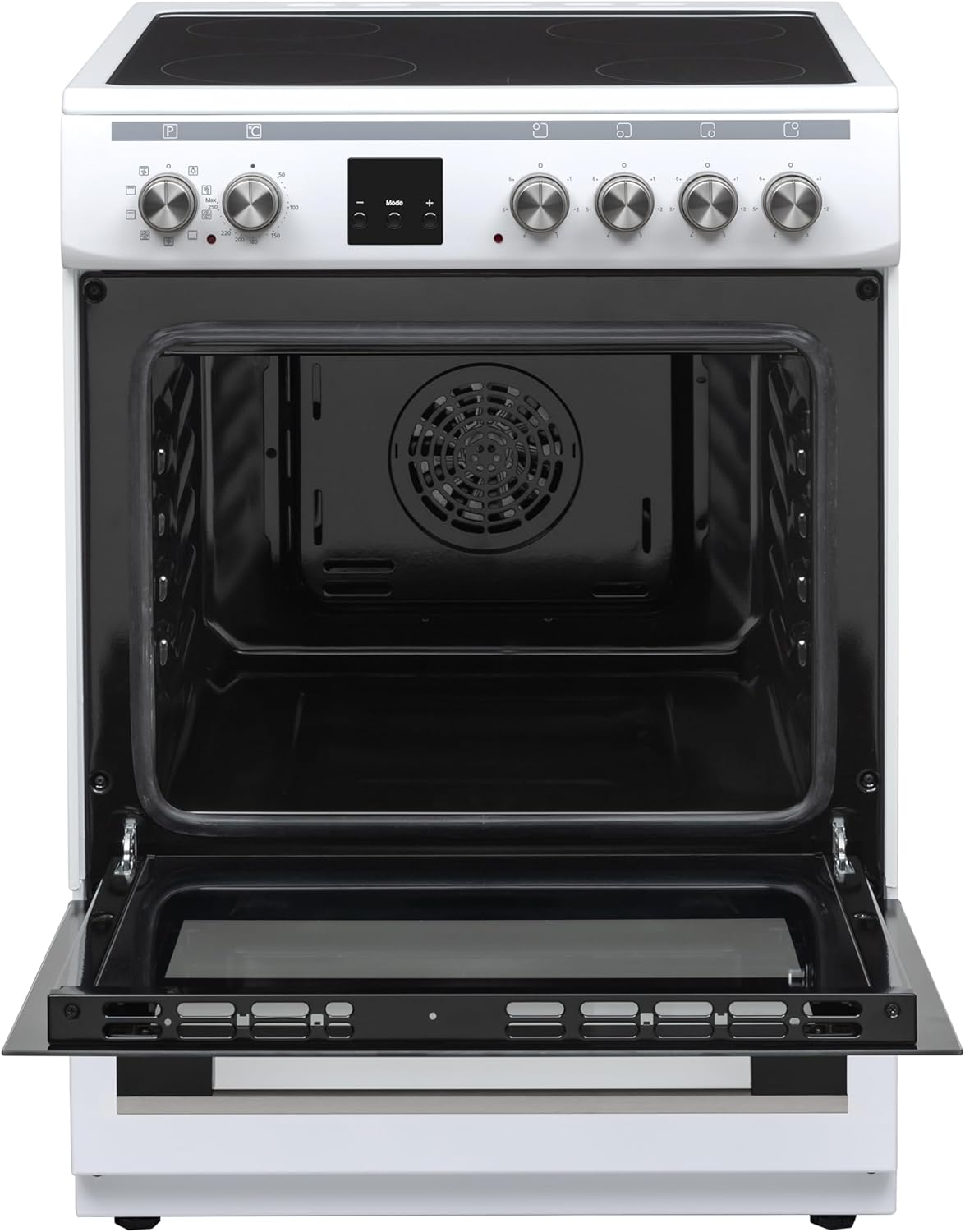 Cucina Daewoo F6EV22WL3DE con piano cottura in vetroceramica, classe energetica A, volume forno: 65 L, 8 funzioni di cottura con calore superiore/inferiore, smalto facile da pulire, 4 zone di cottura, bianca