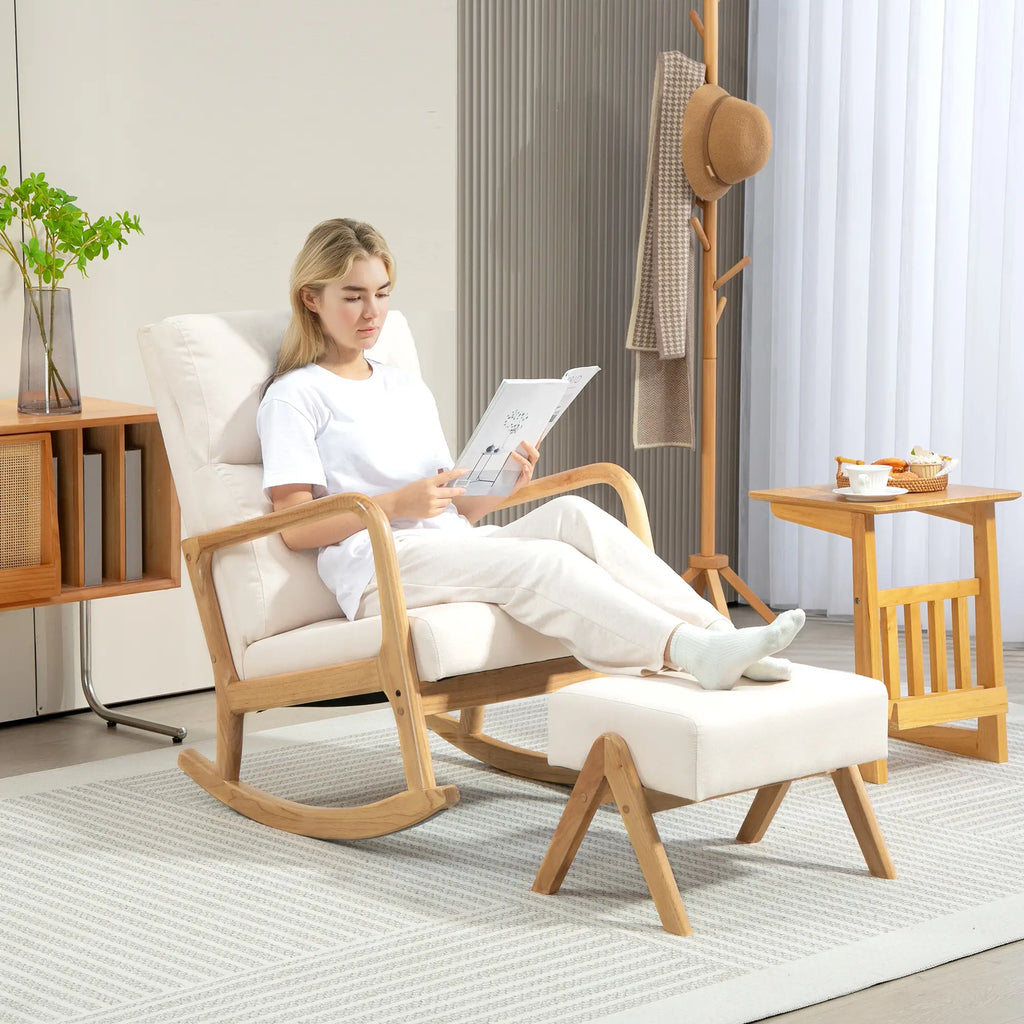 HOMCOM Poltrona a dondolo con pouf, dondolio rilassante, bianco crema