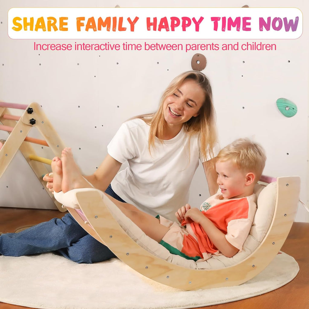 Set di triangoli con cuscino, set da arrampicata Montessori 5 in 1 pieghevole, set da arrampicata per interni per bambini, giocattolo da arrampicata in legno con rampa e arco da arrampicata per bambini (colore legno)