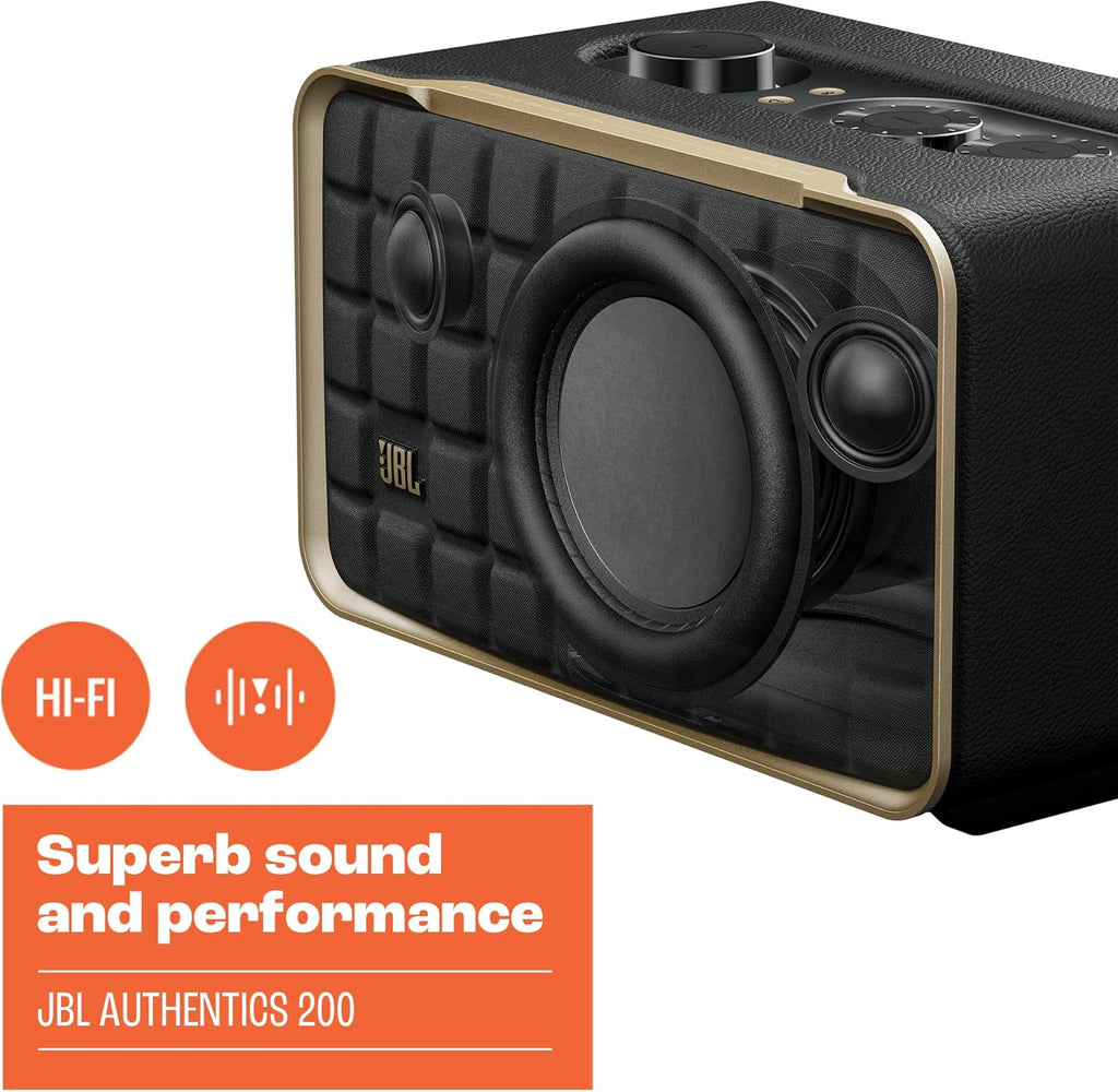 JBL Authentics 200 Smart Home Altoparlante – Cassa Bluetooth dal design retrò anni '70 – Con griglia Quadrex, Google Assistant, Alexa, AirPlay e JBL One App – Nero