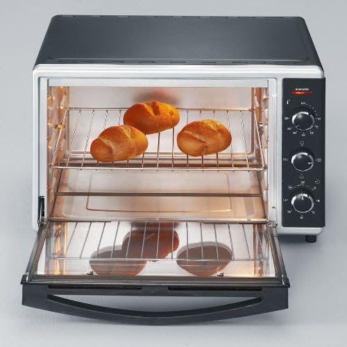 SEVERIN Forno e Tostapane con funzione ventilata, Mini Forno con griglia, teglia da forno, spiedo rotante e pietra per pizza, forno ventilato versatile con capacità di 42 L, 1.800 W, nero, TO 2058