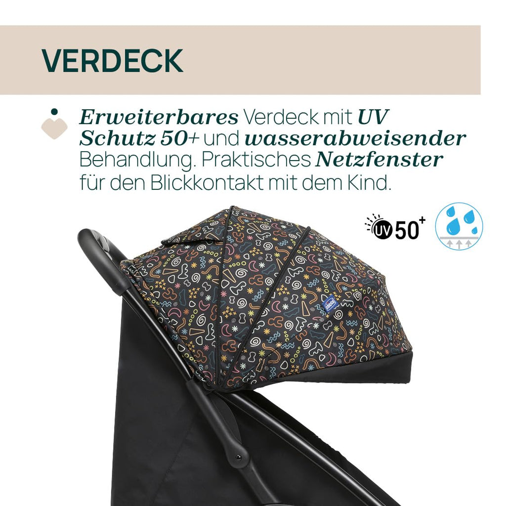Chicco, Glee, Kinderwagen ab 0 Monate bis 4 Jahre, mit Automatik- und Kompaktverschluss, Ausziehbares Verdeck mit Lichtschutzfaktor 50+ und Regenschutz, 3-stufig verstellbare Rückenlehne, Beinauflage