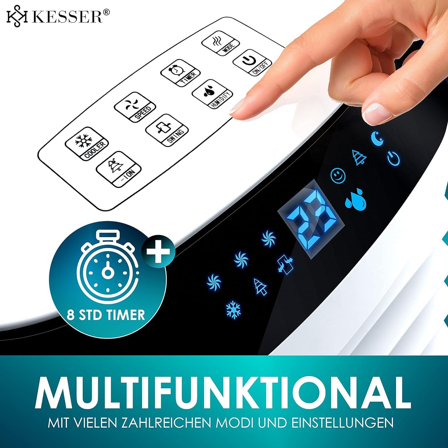 KESSER Climatizzatore Portatile 4in1 | Telecomando | Unità di Climatizzazione | Ventilatore per Climatizzatore | Timer | 3 Livelli | Ionizzatore Umidificatore | Raffreddatore d'Aria |