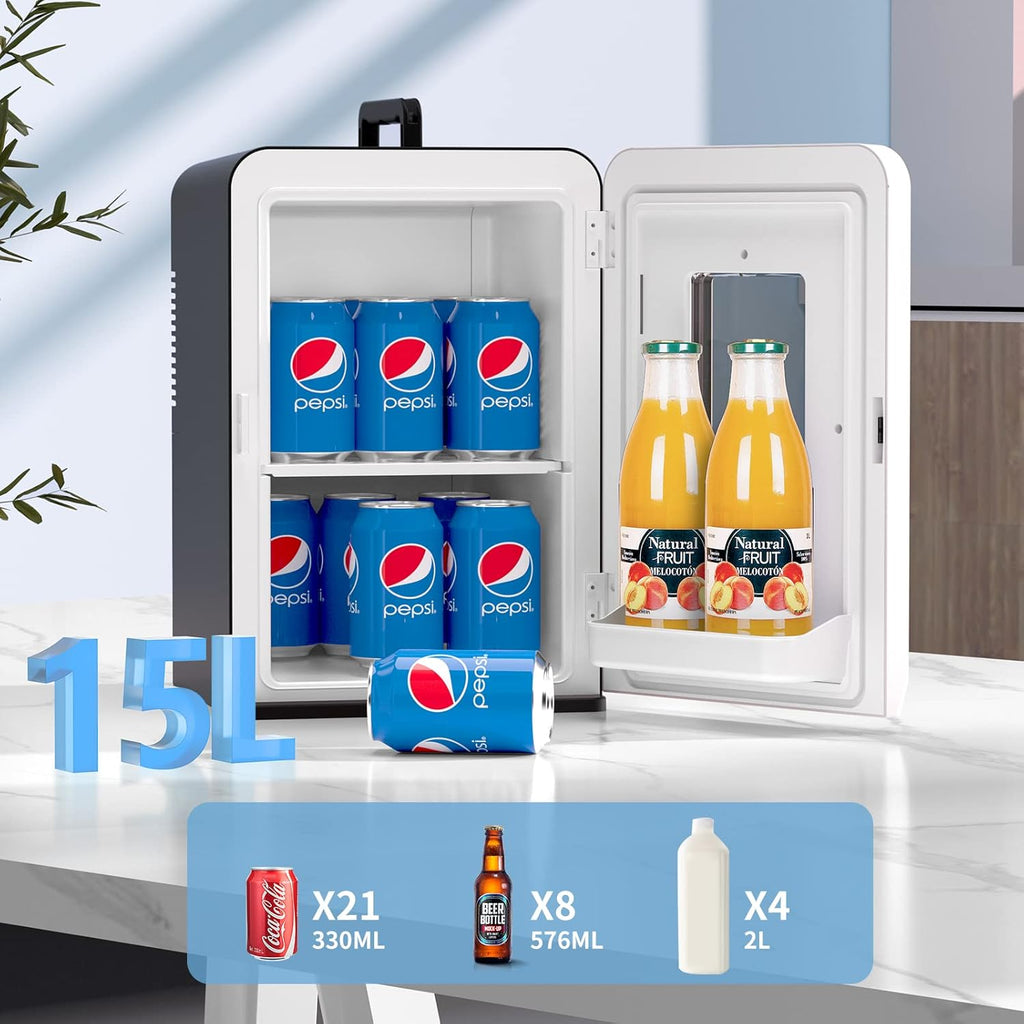 Cumeod Mini Frigo 15 Litri/21 Lattine, 2 in 1 Frigorifero Portatile con Funzione di Raffreddamento e Riscaldamento, 12V DC/220V AC per Auto, Ufficio e Camera da Letto, Bevande, Cosmetici, Nero, Modalità Max ed Eco