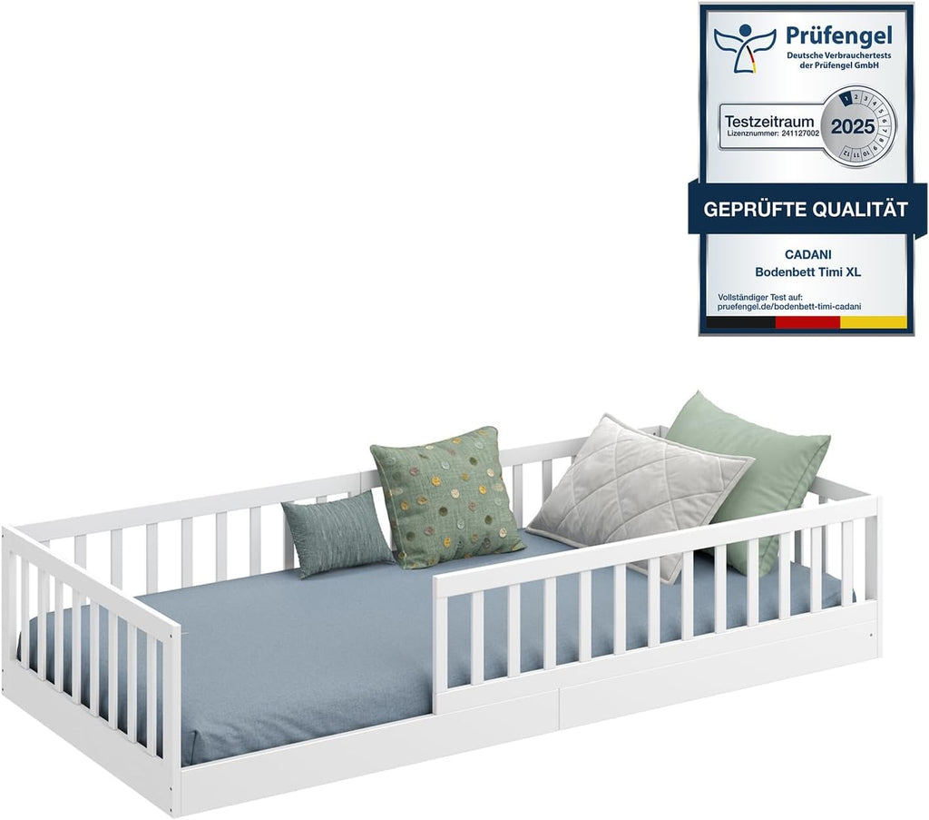 CADANI Timi 2in1 Bodenbett 140x200 cm Montessori Kinderbett mit abnehmbaren Rausfallschutz inkl. Lattenrost, Kiefer Massivholz, weiß - 3 Aufbauvarianten, bis 200 kg belastbar, umbaubar