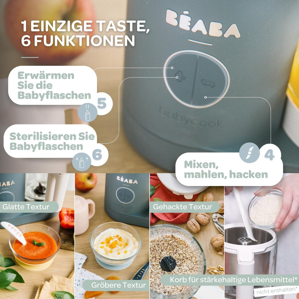 Béaba - Babycook Neo - 6 in 1 Babynahrungszubereiter - Schonender Dampfgarer - Glaskrug und Garkorb aus Edelstahl - Mineralgrau