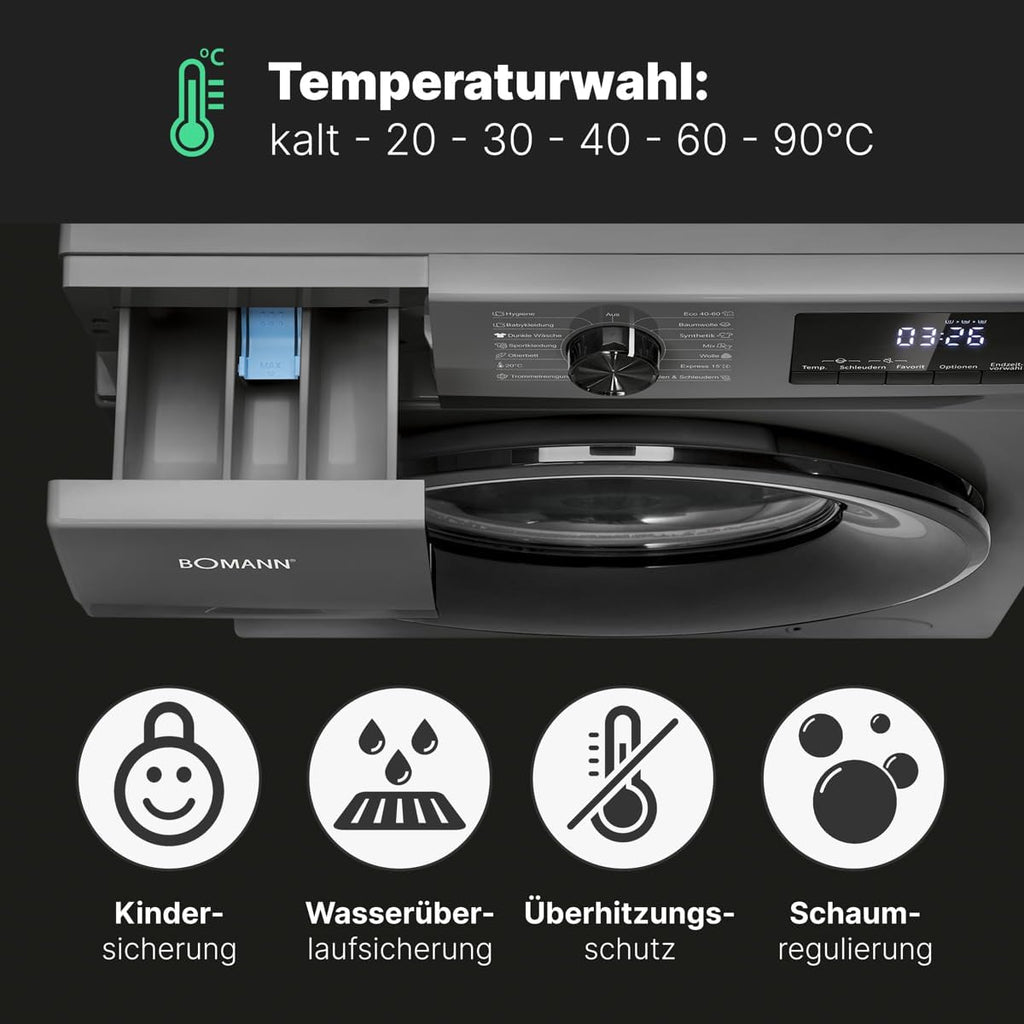 Lavatrice Bomann 7kg | max. 1400 giri/min | 10 anni di garanzia sul motore | Motore inverter efficiente, silenzioso e durevole | 15 programmi | Programmazione fine ciclo | Display LED | WA 7175 bianca