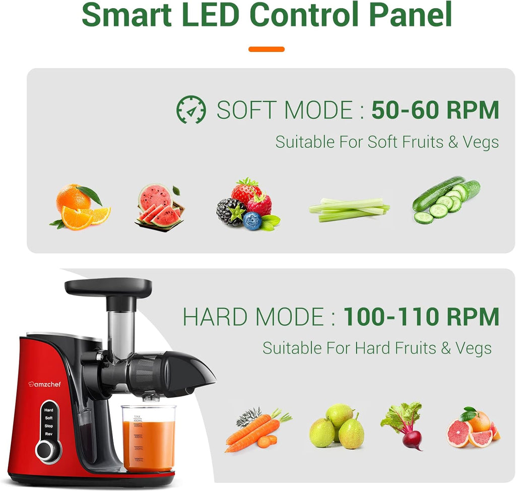 AMZCHEF Estrattore di Succo per Frutta e Verdura con 2 Modalità di Velocità - Slow Juicer con Bottiglia Portatile e 2 Tazze - Cold Press Juicer Senza BPA con LED Intelligente e Funzione di Inversione - Nero