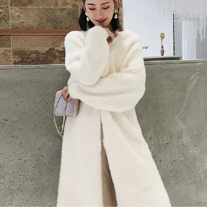 Weie lange Strickjacke für Damen