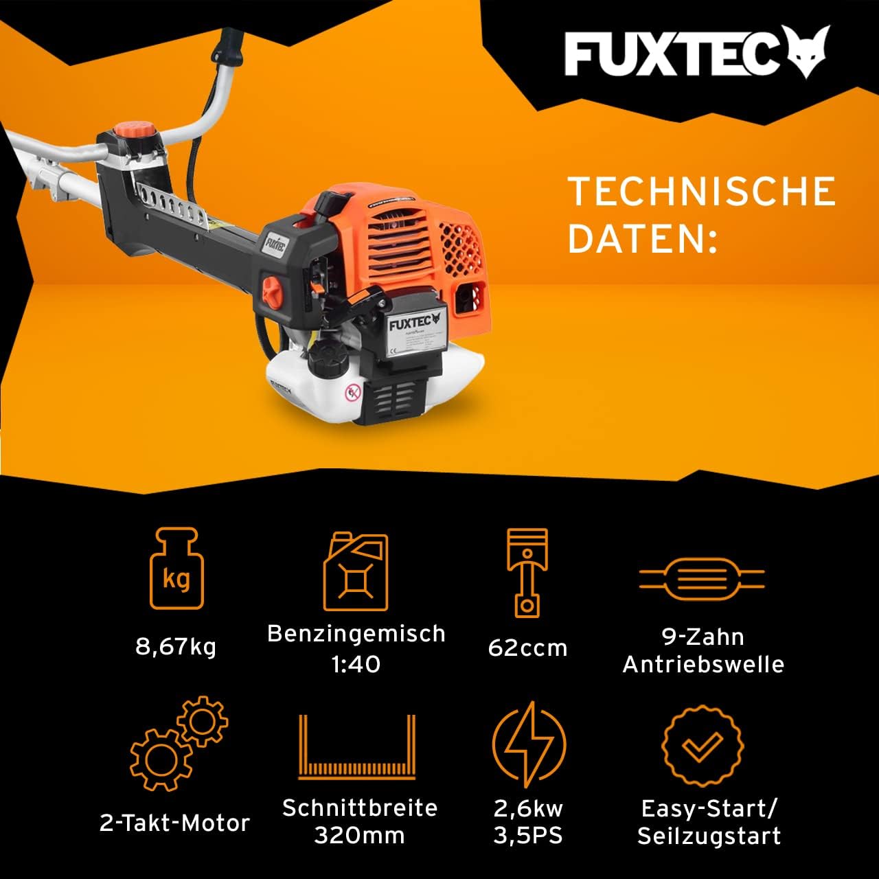 FUXTEC Decespugliatore Professionale a Benzina FX-PS162 – Decespugliatore Professionale da 62cc, Filo e Bretella di Trasporto Comfort – Tagliabordi con Sistema Antivibrazione – Decespugliatore a 2 Tempi con Bobina a Filo