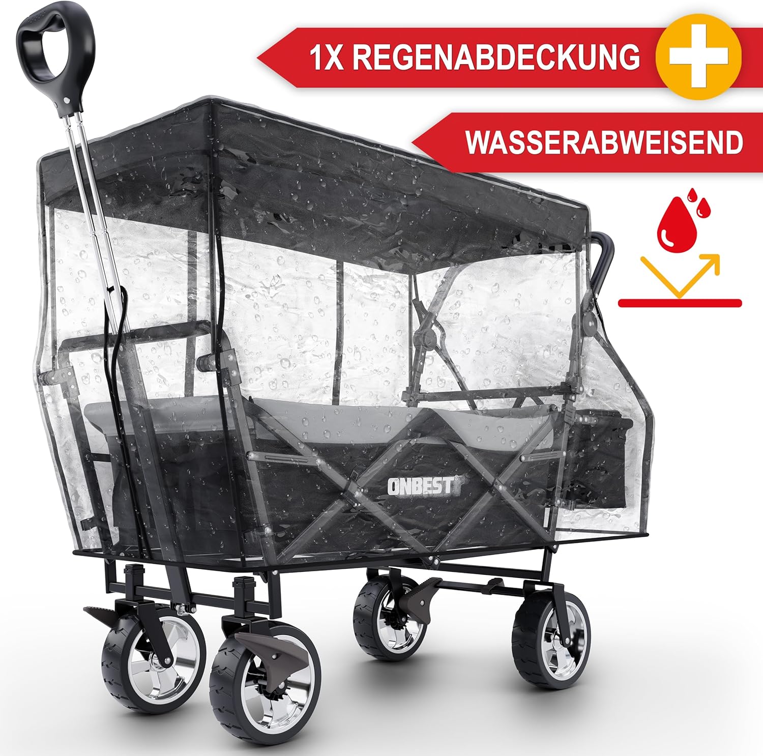 ONBEST Carretto Pieghevole - Con Parapioggia - Carrello Pieghevole con Tetto 100 kg di Carico - Tetto Parasole - Borsa Termica - Portabicchieri - Outdoor - Carrello da Spiaggia Pieghevole (Nero)