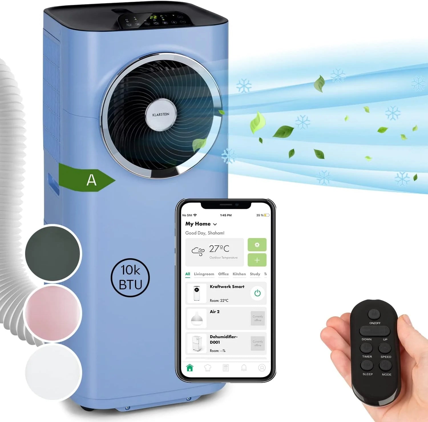 Klarstein Condizionatore Portatile 5-in-1 con Tubo di Scarico, Ventilatore, Deumidificatore, Purificatore d'Aria e Modalità Notturna, Controllo tramite App, Piccolo e Portatile, per Casa e Ufficio, 12000 BTU