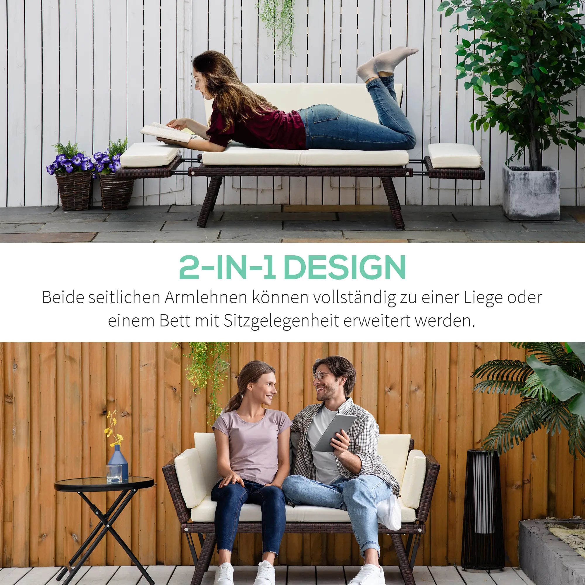 Outsunny Divano da Giardino in Polyrattan a 2 Posti con Braccioli Ribaltabili