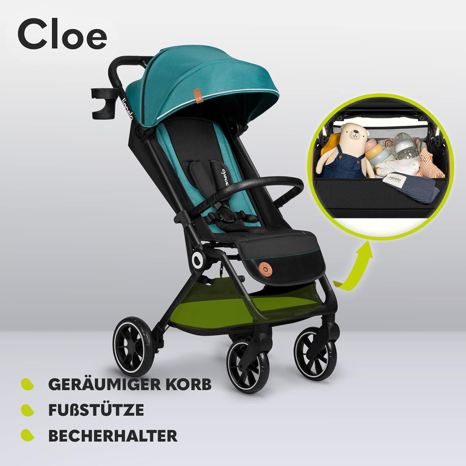 LIONELO Cloe Passeggino Pieghevole fino a 22 kg, Schienale Reclinabile Funzione Nanna, Imbracatura a 5 Punti Grandi Ruote Girevoli Zanzariera Porta Biberon Leggero Compatto Impermeabile (Grigio)
