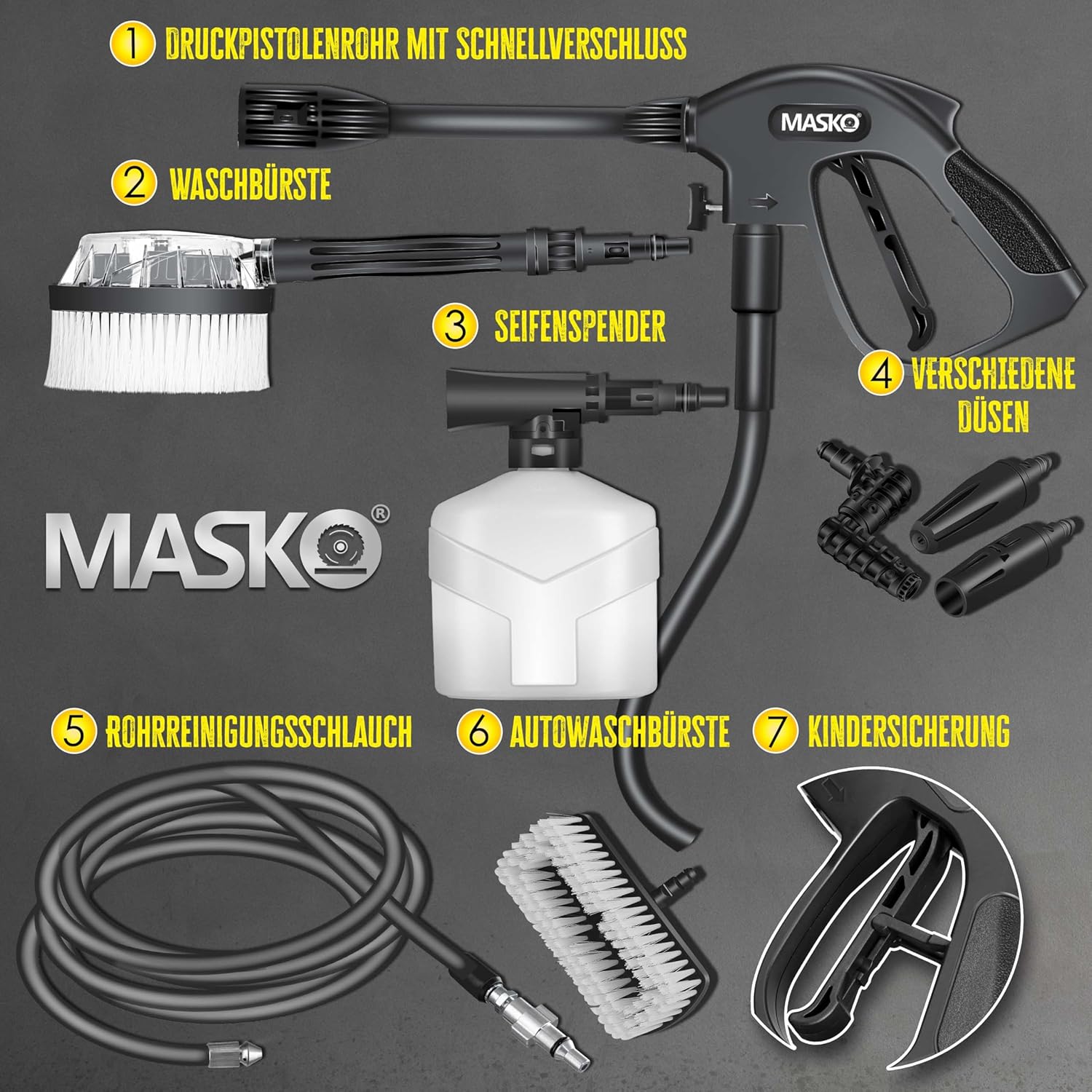 MASKO® Idropulitrice 2200 Watt 165 bar 450 l/h, con avvolgitubo 10m, set accessori 9 pezzi, con serbatoio per sapone e ugello schiumogeno, pistola ad alta pressione per auto/recinzioni/giardino/pati (Grigio)