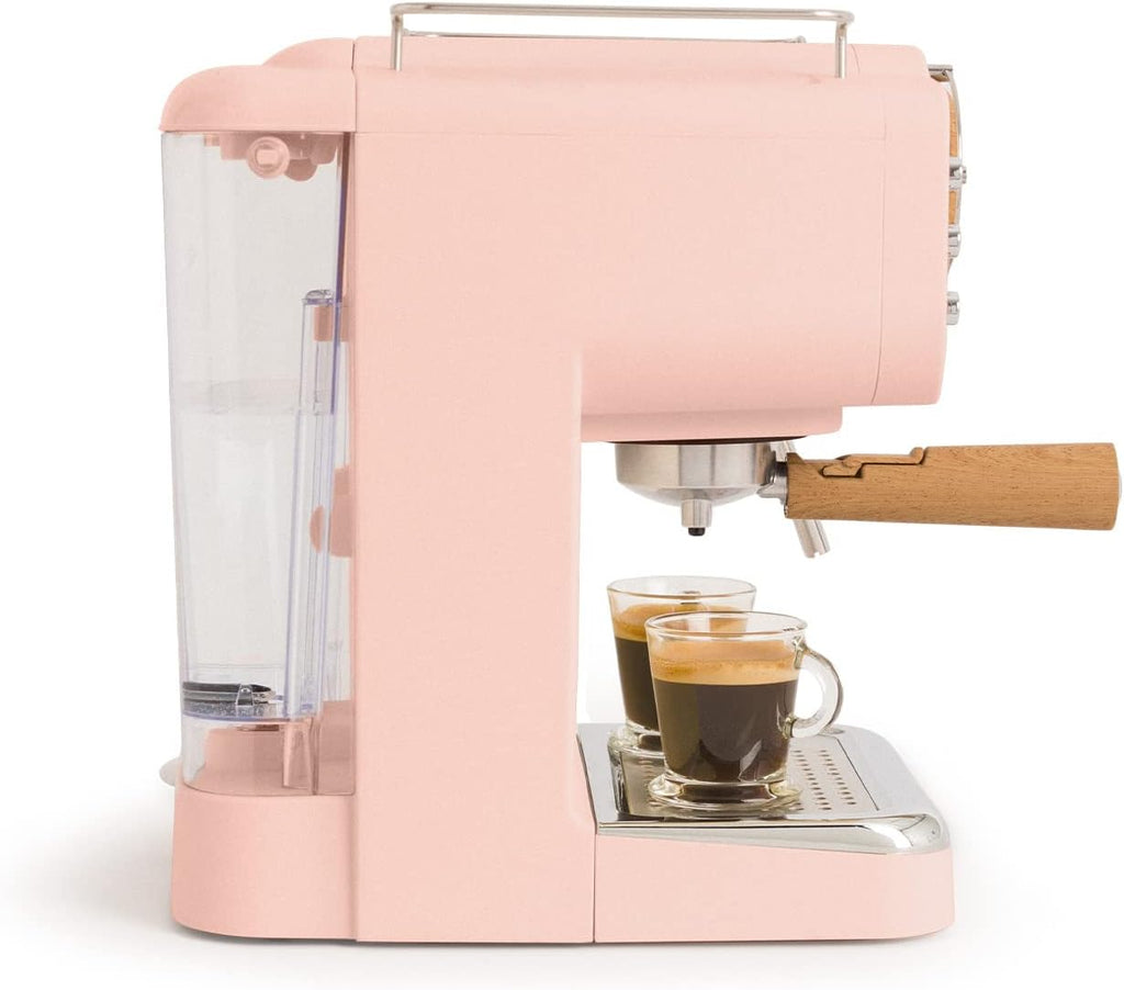 CREATE / THERA RETRO/Macchina da caffè espresso semiautomatica Rosa Pastello Opaco e Legno / Pompa a pressione 20bar, 1100W, Serbatoio acqua 1.25L, per caffè macinato, cialde ESE 55mm, con vaporizzatore, 1100W
