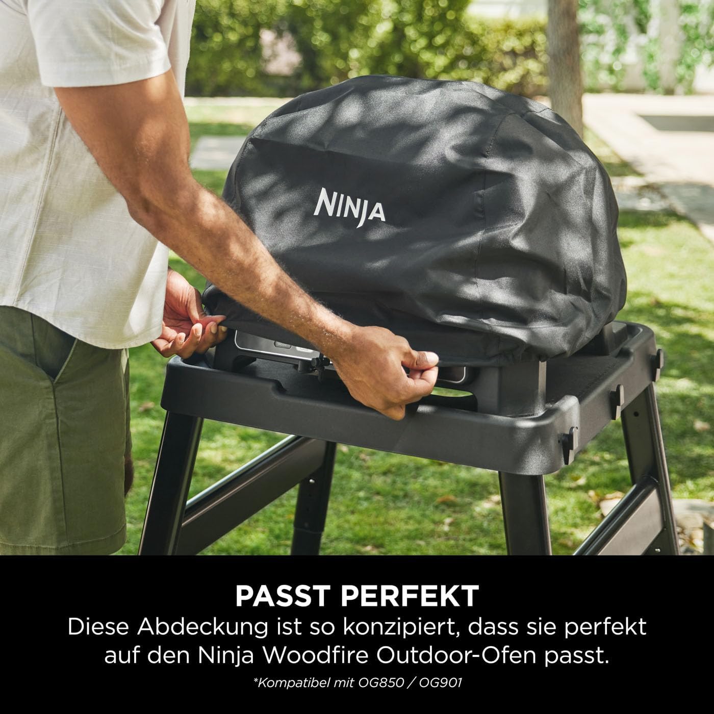 Ninja Woodfire verstellbarer Ständer und Beistelltisch, Außenofen- und Grillständer, robuster Outdoor-Kochtisch und Pizzaofenständer, Schwarz 4718J800EUUK