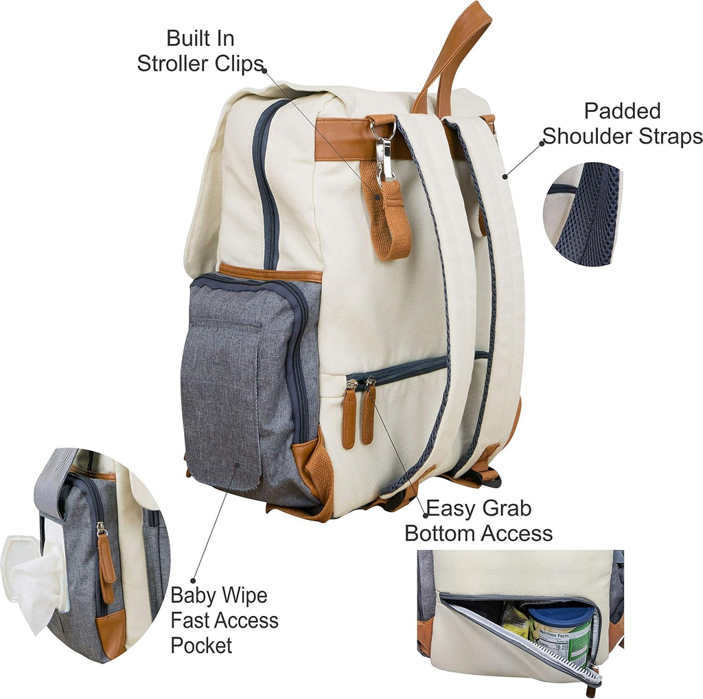 Cutie Tragetasche für Babys, Wickeltasche, Rucksack, Bio-Baumwolle, wasserdicht, mehrere Taschen, isoliert, mit gepolsterten Schultergurten, inklusive Kinderwagenriemen, cremefarben,Grau