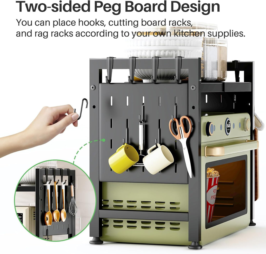 SAYZH Mikrowellen Regal, 3-stufiges Erweiterbares mikrowelle Regal Mikrowellenregal Organizer Küche mit 10 Haken, Flexibel Ausziehbar von 40-70cm, Stufiges Küchenregal mikrowellenstnder, Schwarz