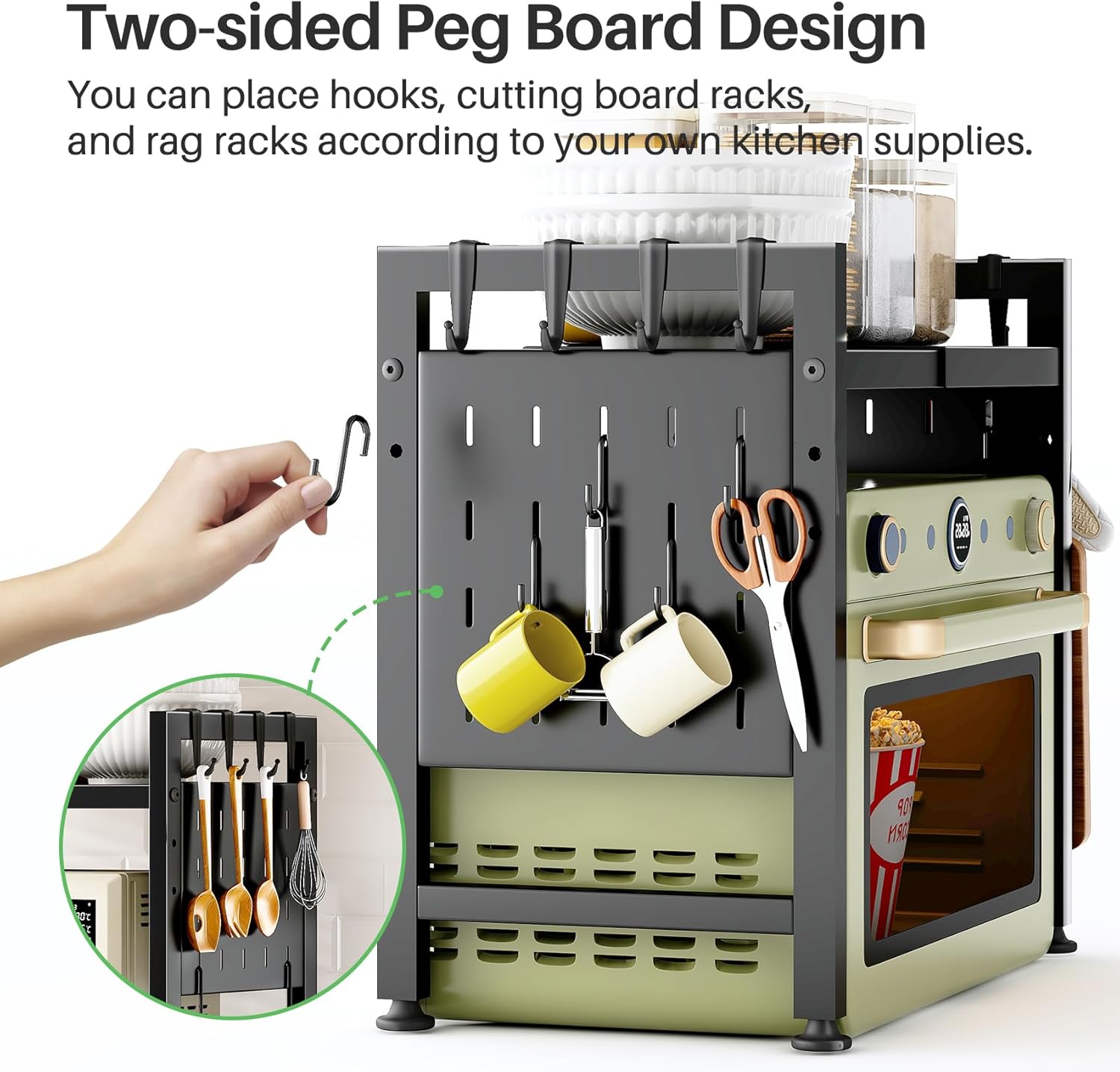 SAYZH Mikrowellen Regal, 3-stufiges Erweiterbares mikrowelle Regal Mikrowellenregal Organizer Küche mit 10 Haken, Flexibel Ausziehbar von 40-70cm, Stufiges Küchenregal mikrowellenstnder, Schwarz