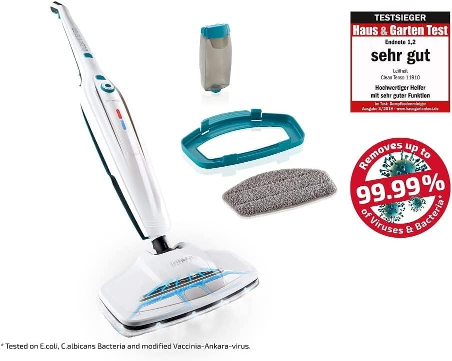 Leifheit Pulitore a vapore CleanTenso Power 2.0 con vapore caldo contro i batteri, Mop a vapore con tempi di riscaldamento brevi e 50 minuti di autonomia, Scopa a vapore per la pulizia degli angoli, Spazzola a vapore dal design moderno