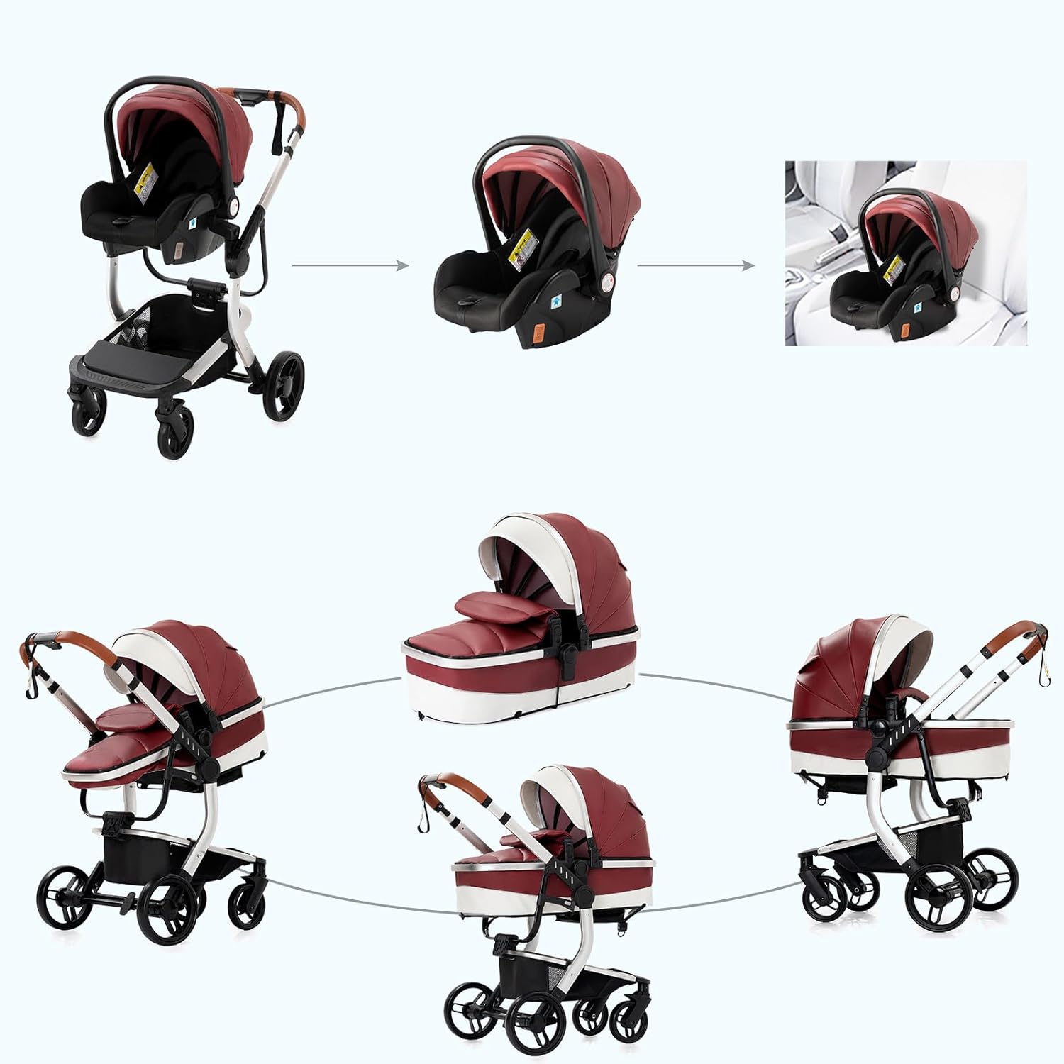 Sianldcone Passeggino 3 in 1, Set Passeggino con Tessuti di Alta Qualità, Sistemi di Viaggio con Spinta Reversibile, Passeggino Combinato a Vista Aperta Set Completo 3 in 1 (V9 Cachi)