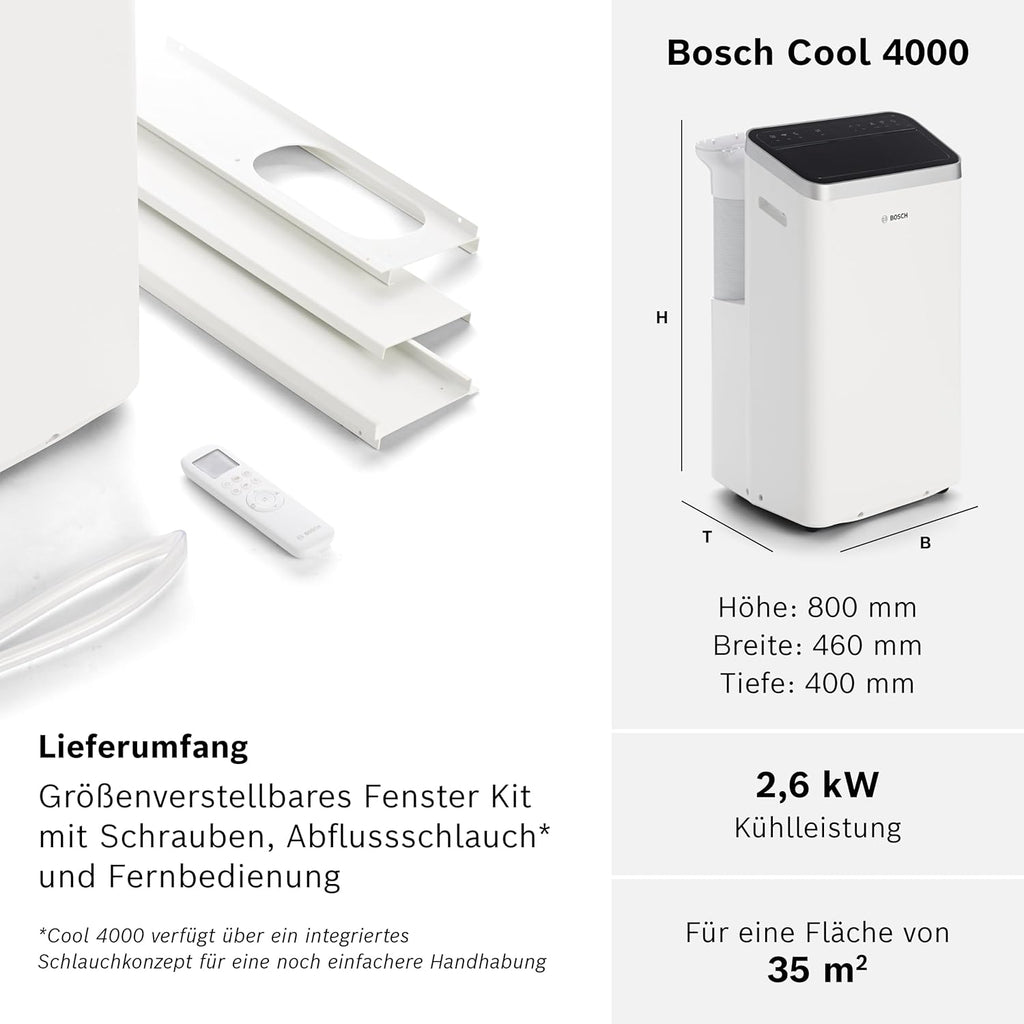 Bosch Cool 4000 Climatizzatore Mobile - 3-in-1: Climatizzatore, Deumidificatore, Ventilatore - 2,6 kW per ambienti fino a 35m² - Con modalità automatica, silenziosa e notturna