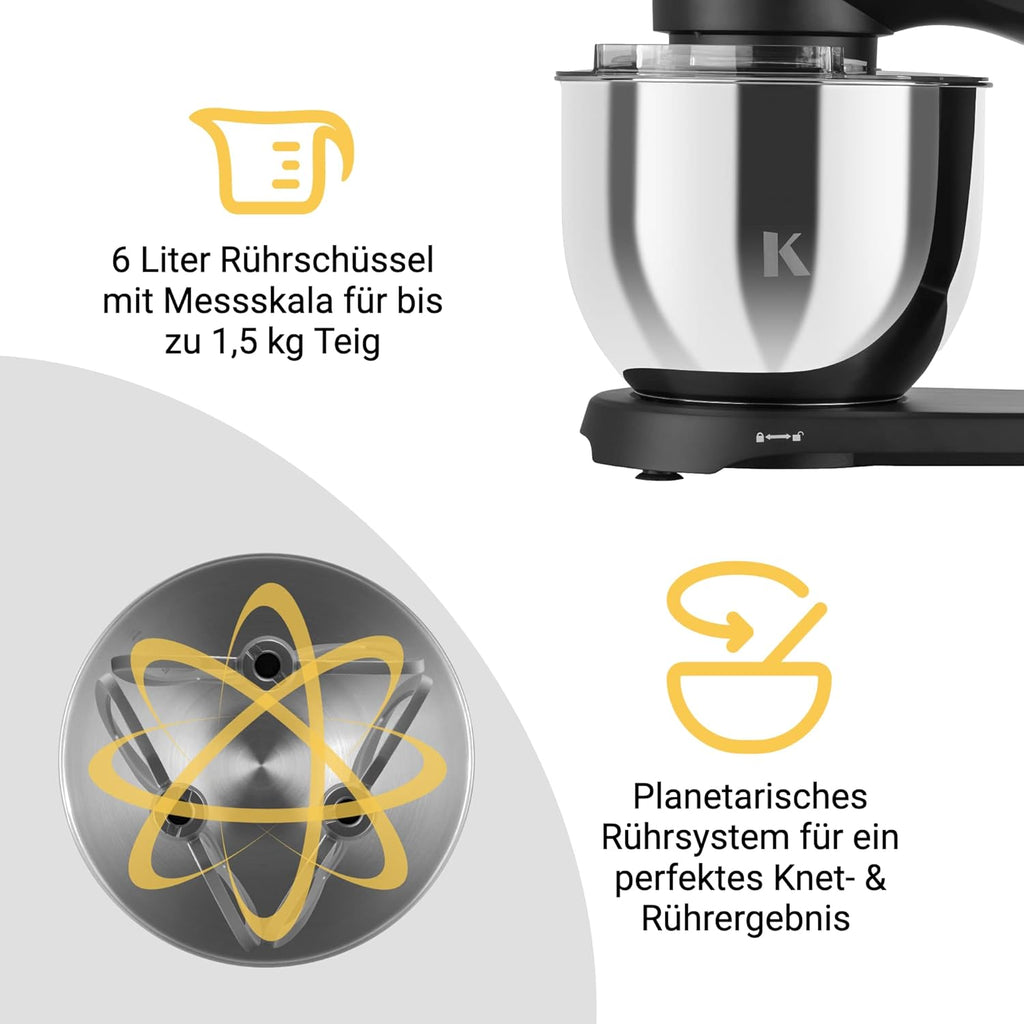 KLAMER Robot da Cucina 1800W, Impastatrice per Pane con Ciotola in Acciaio Inox da 6 L, 10 Velocità con Timer, Movimento Planetario, Frusta a Filo, Gancio Impastatore, Frusta Piatta e Coperchio Paraspruzzi (nero)