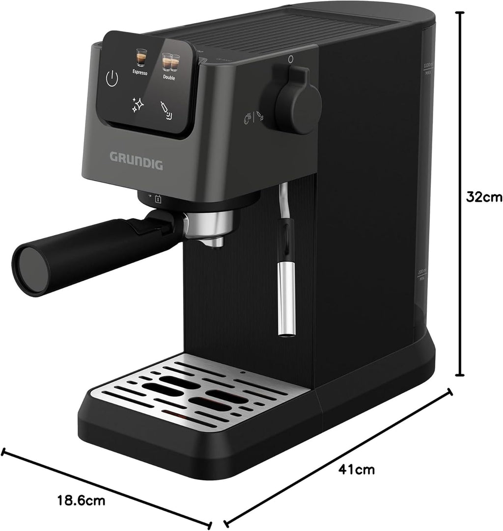 GRUNDIG KSM 5330 Macchina da caffè con portafiltro e contenitore per il latte integrato, 1628 W di potenza, 15 bar di pressione della pompa, ugello doppio, display touch a colori, BrewSense, CreamyPro, Inox scuro/Nero