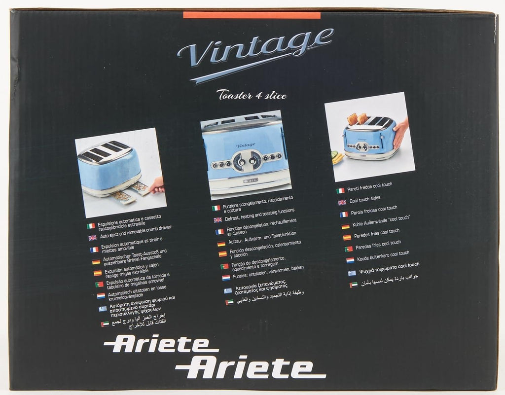 Ariete Vintage 156, 4-Scheiben-Toaster, Retro Toaster mit 6 Toaststufen, Automatischer Auswurf, Auftaufunktion, Herausnehmbares Krümelfach, Gehuse aus Edelstahl, 1600W, Beige