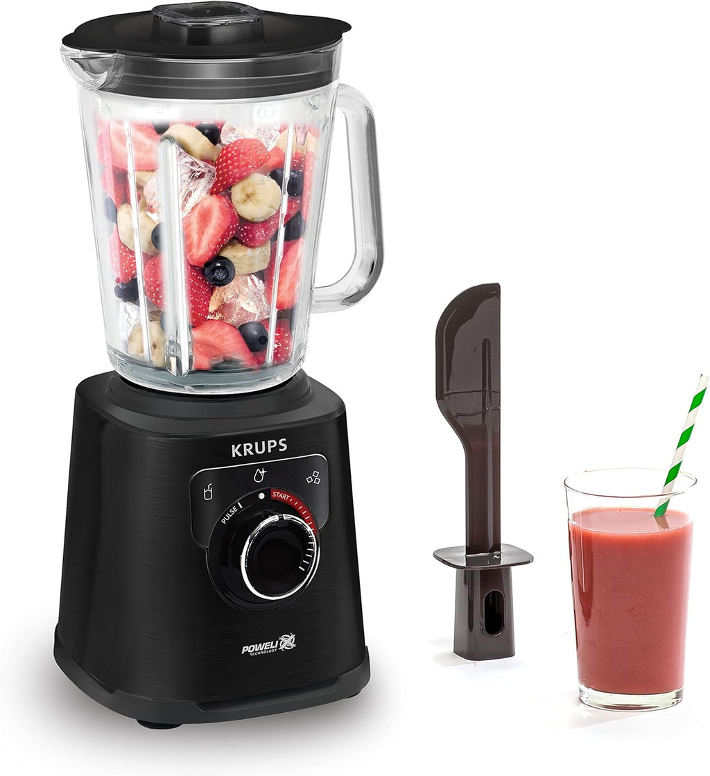 Krups KB403D Perfectmix + Hochleistungsstandmixer, 1.200W, 28.000 UpM, 2L Glasbehälter, 3 voreingestellte Programme, Powelix- Technologie, Edelstahl/Dunkelgrau
