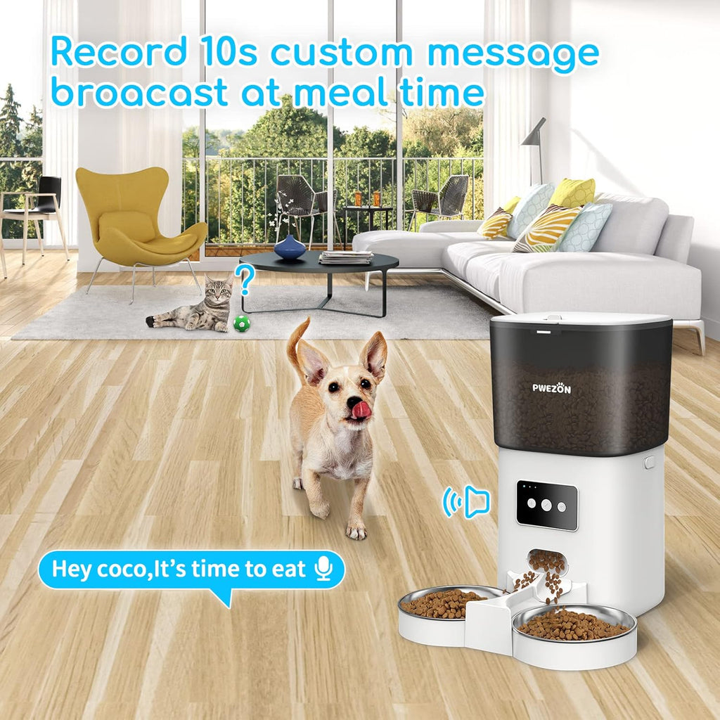 PWEZON Intelligenter WiFi Doppel-Futterautomat für Zwei Katzen, automatischer Katzen Futterautomat mit 2 Edelstahlnäpfen, 6L Trockenfutterspender mit App-Steuerung und Timer für Katze und Hund