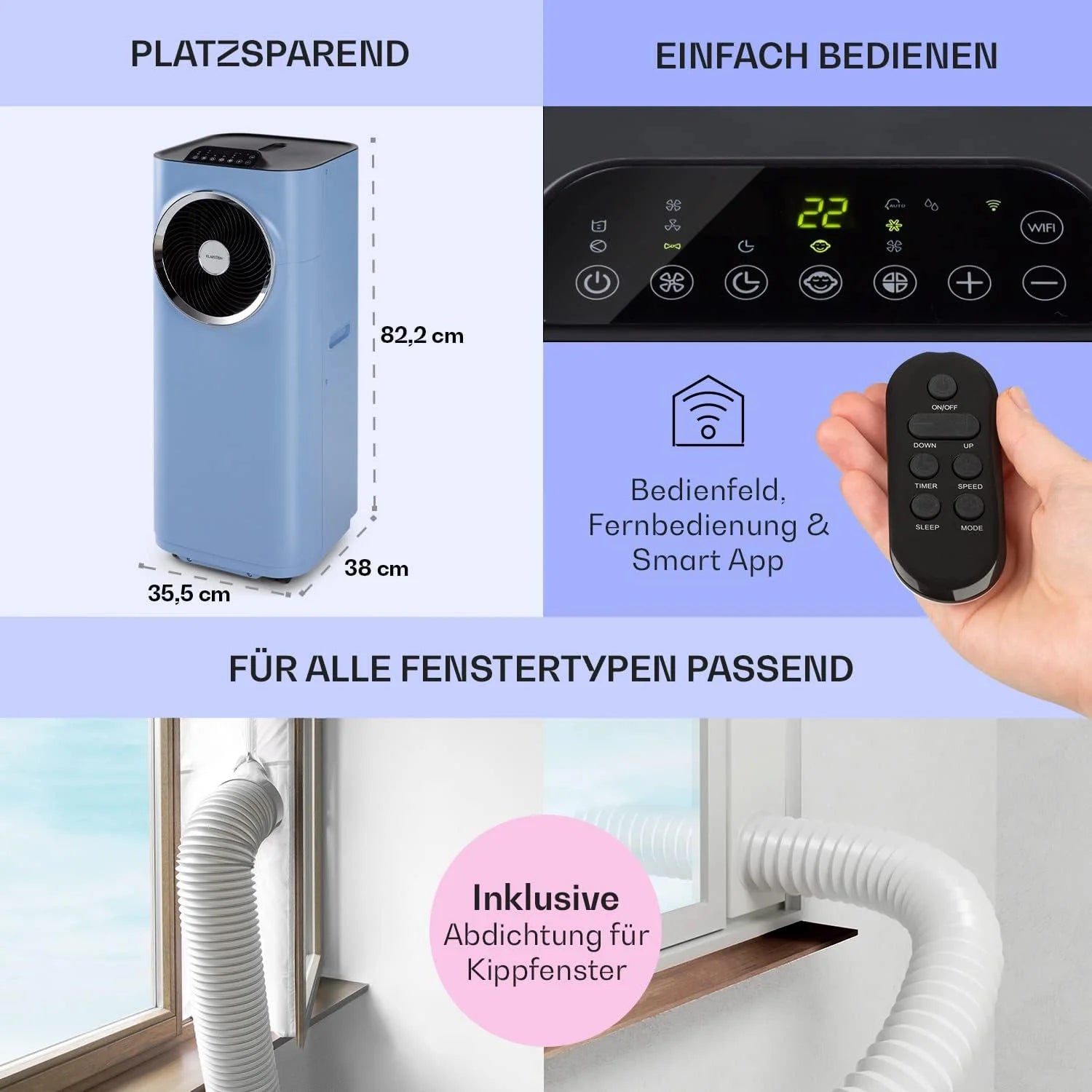 Klarstein Condizionatore Portatile 5-in-1 con Tubo di Scarico, Ventilatore, Deumidificatore, Purificatore d'Aria e Modalità Notturna, Controllo tramite App, Piccolo e Portatile, per Casa e Ufficio, 12000 BTU