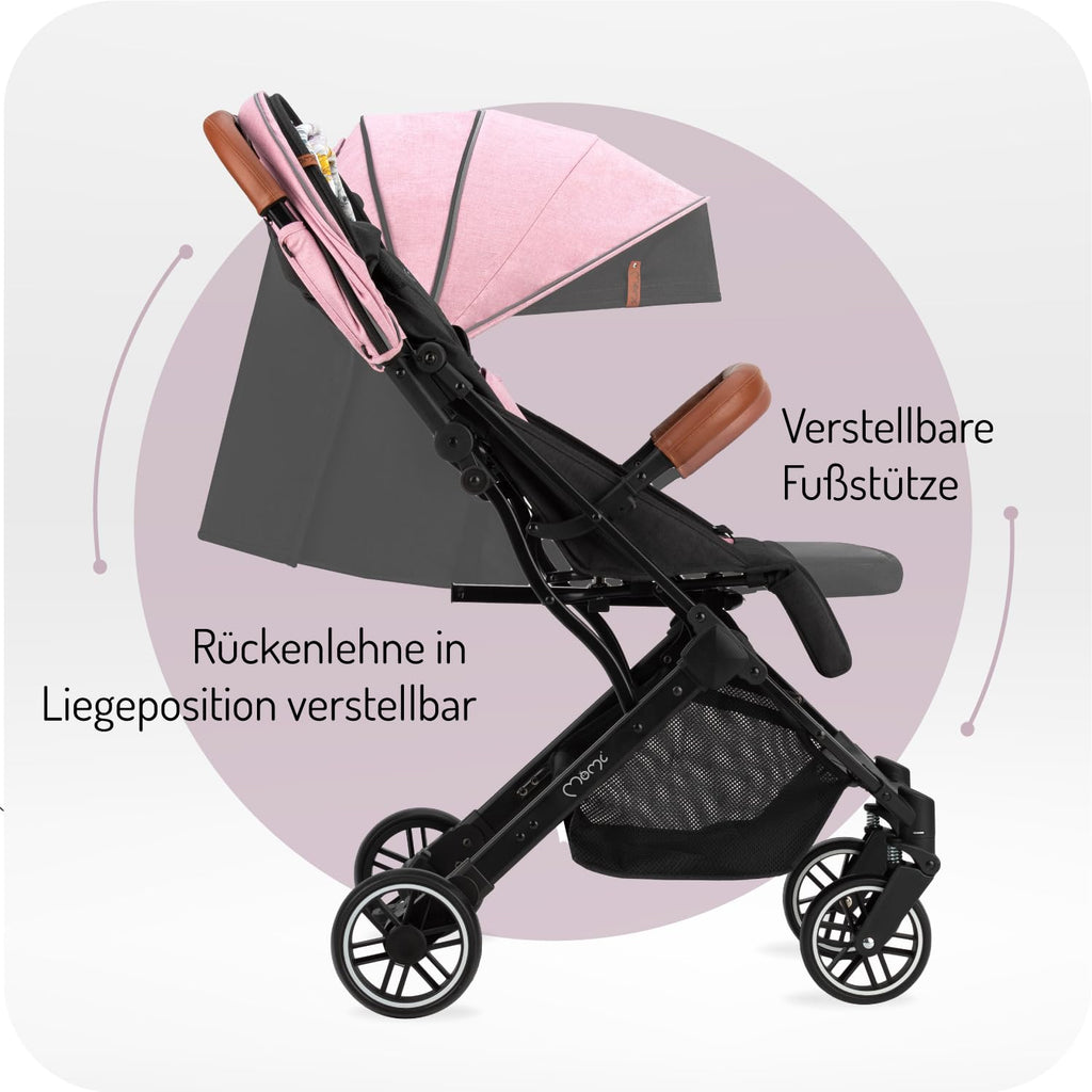 MOMI ESTELLE Kinderwagen für Kinder ab 6 Monat bis zu max körpergewicht von 15 kg, klappbar auf die Maße 65 x 51 x 21 cm, gewicht 7,5 kg, 5-Punkt-Sicherheitsgurt, koffer, grau-gold, Räder 6''/6,5''
