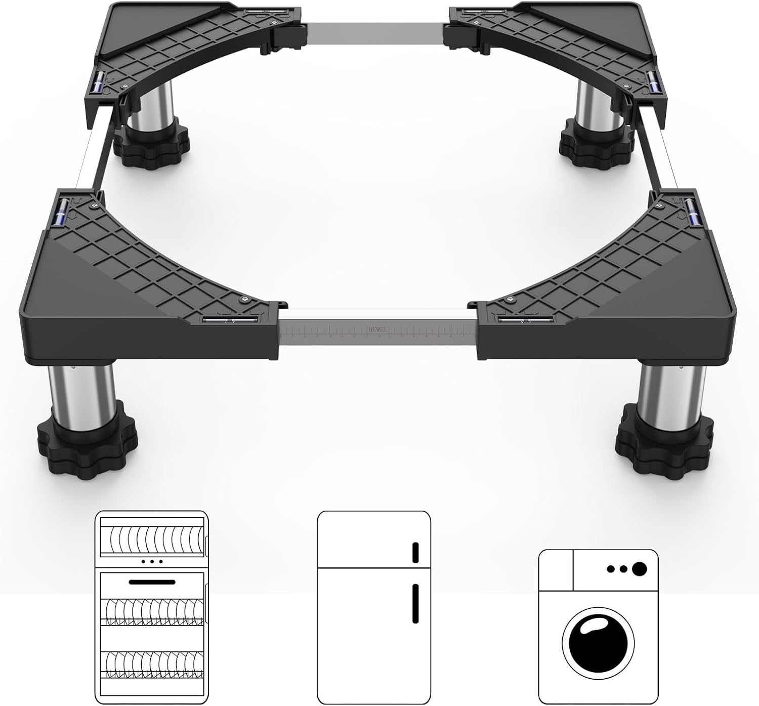 DEWEL Base Regolabile per Lavatrice, Carico Massimo 300KG, Supporto Piedistallo per Asciugatrice, Frigorifero, Congelatore, Larghezza 45-65cm, Altezza 18–22cm, Bianco