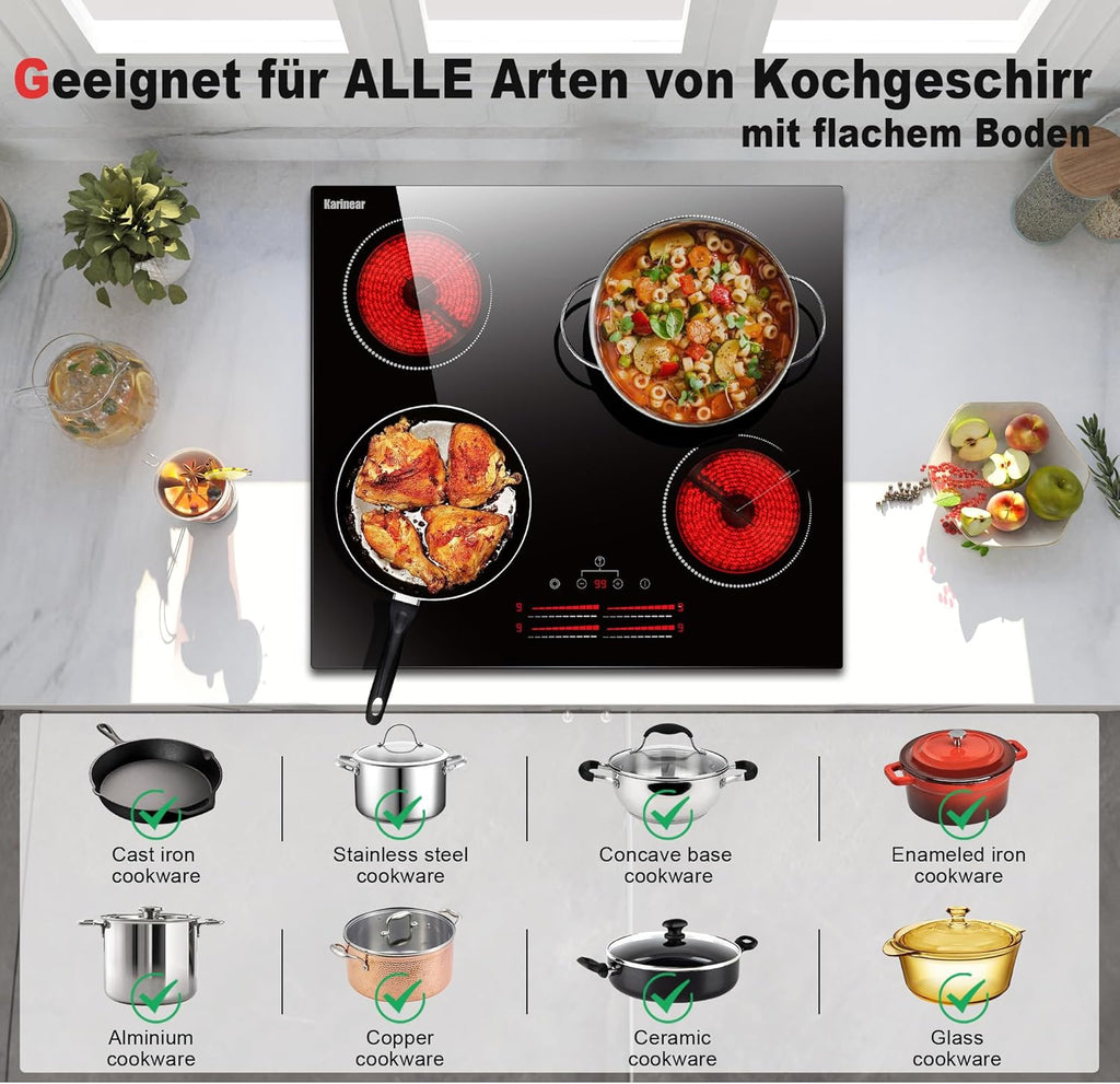 Karinear Einbau-Kochfeld aus Glaskeramik, 4 Kochfelder, mit doppelter ausziehbarer Zone, integrierter elektrischer Tisch mit Touch-Steuerung, Timer, Verriegelung für Kinder, 6600 W