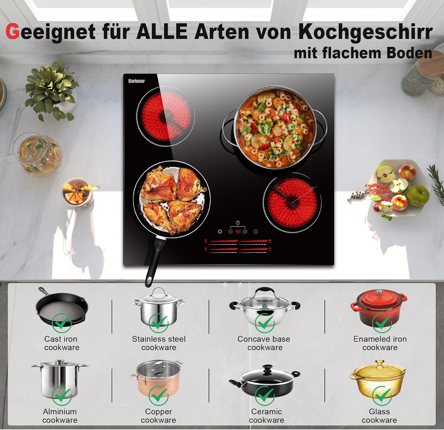Karinear Einbau-Kochfeld aus Glaskeramik, 4 Kochfelder, mit doppelter ausziehbarer Zone, integrierter elektrischer Tisch mit Touch-Steuerung, Timer, Verriegelung für Kinder, 6600 W