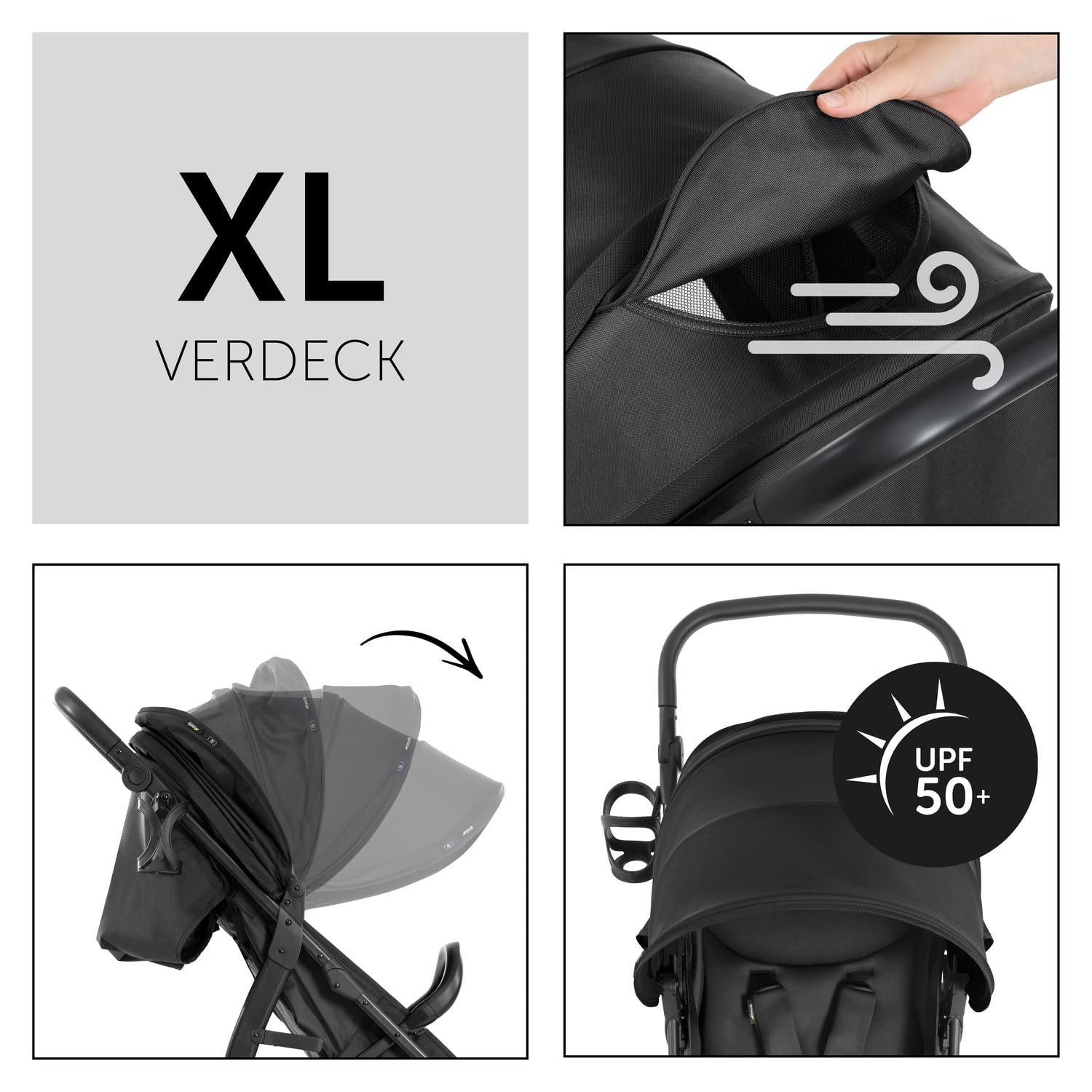 hauck Buggy Rapid 4D für Kinder ab Geburt bis 22 kg mit Liegefunktion, Gummireifen, Getränkehalter, UPF 50+, Klein Zusammenklappbar, XL Korb bis 3 kg (Black)