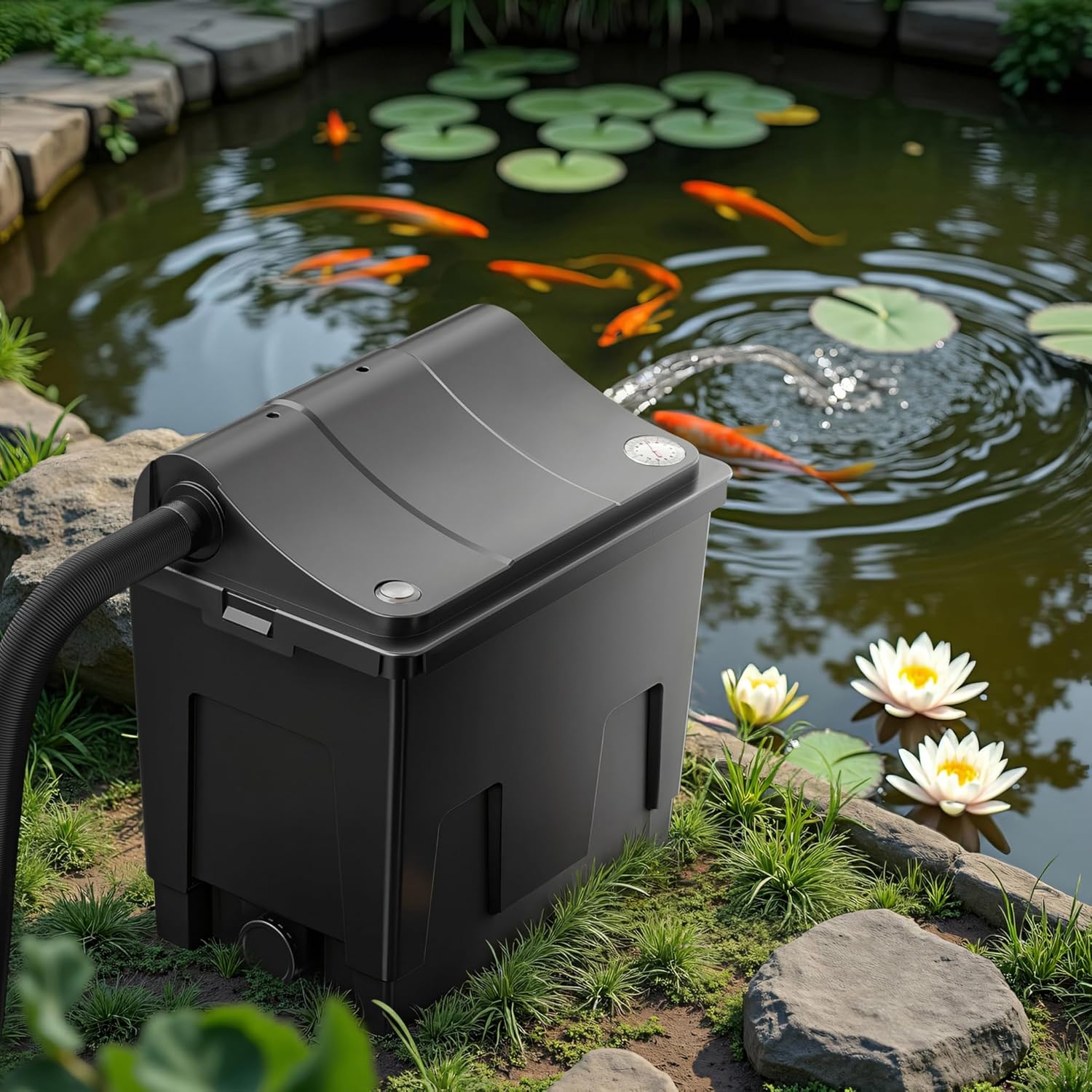 SunSun CBF-200T Bioteichfilter Komplettset mit 9W UVC Klärer, Teichpumpe 2300 l/h 35W, Thermometer und Filtermedien, Filteranlage Bio Teichfilter